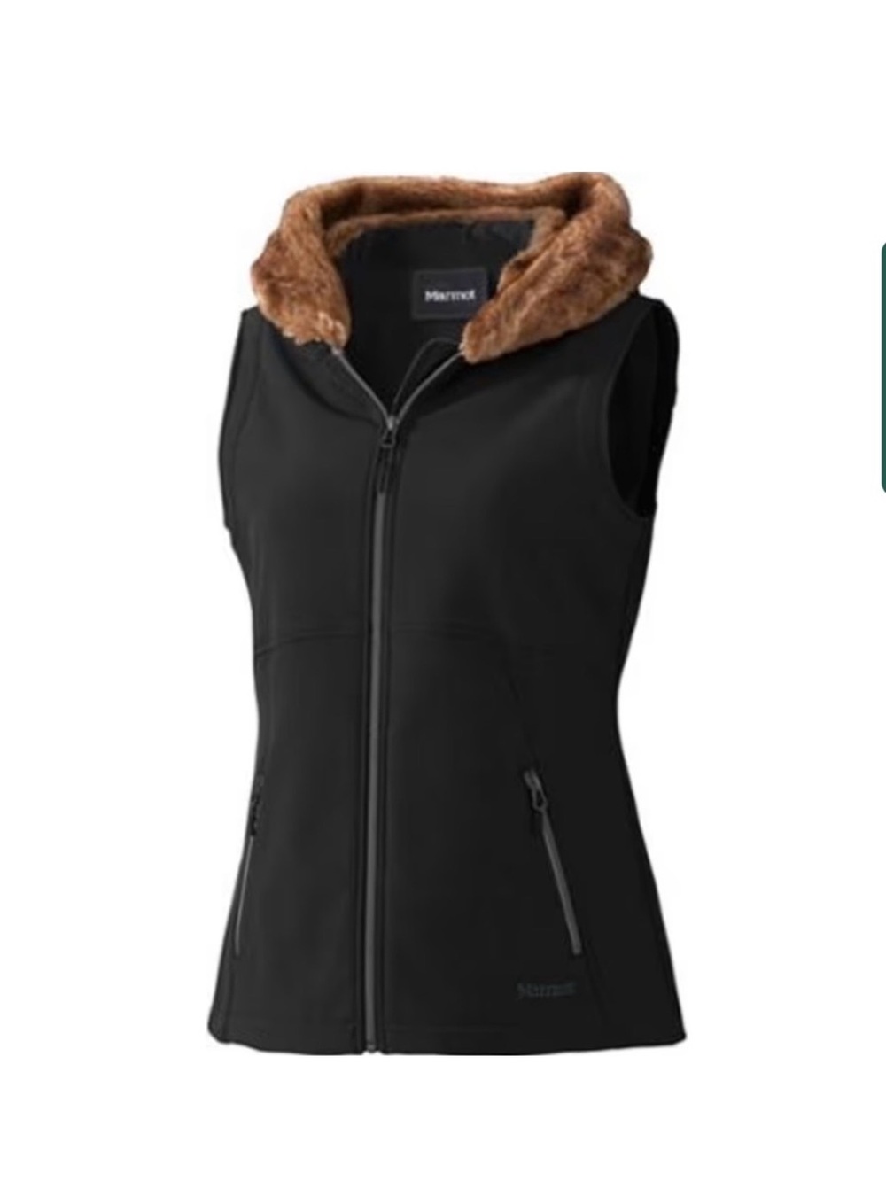 Women's Marmot Black vest with Brown Faux-Fur Collar Size small